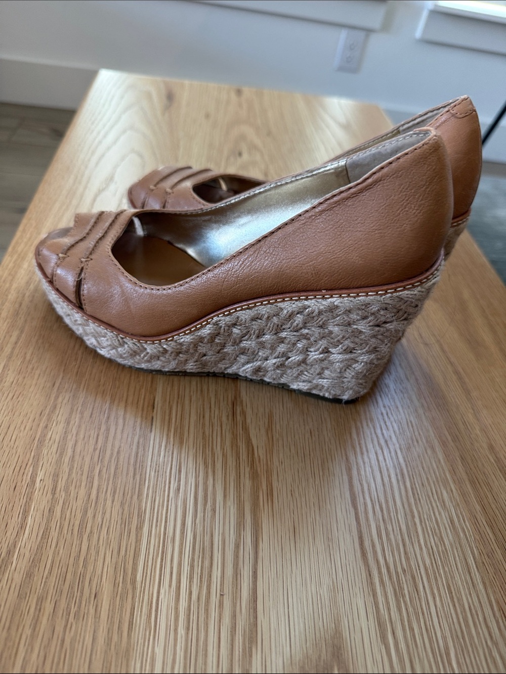 Banana Republic Tan Leather Peep-Toe Espadrille Wedges
